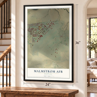 Malmstrom AFB, Montana map, 24 x 36 inch print in a black frame by a staircase