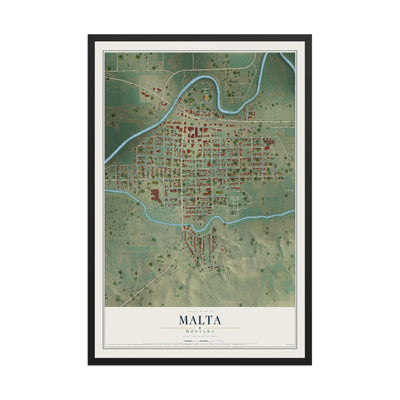 Map of Malta, Montana, 12 x 18 inch print in a black wood frame