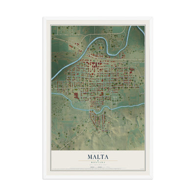 Map of Malta, Montana, 12 x 18 inch print in a white wood frame