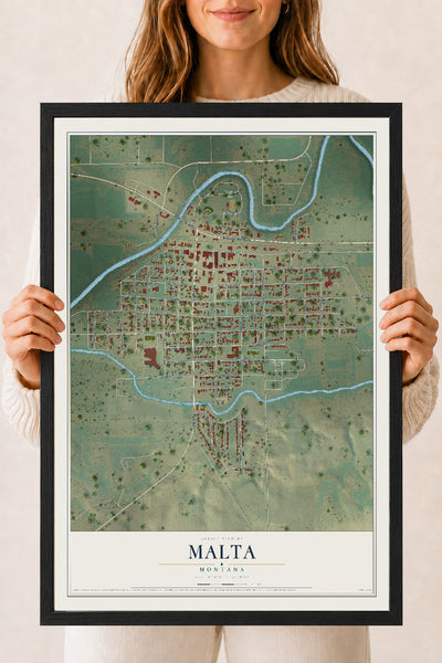 Map of Malta, Montana, 18 x 24 inch print in a black wood frame