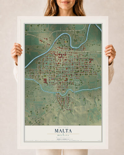 Map of Malta, Montana, 24 x 36 inch print in a white wood frame