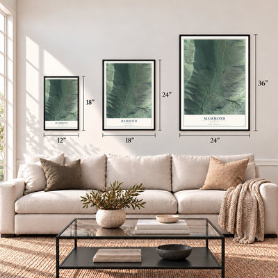 Mammoth, Montana map in 12 x 18, 18 x 24 and 24 x 36 inch sizes above a sofa