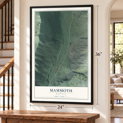 Mammoth, Montana map, 24 x 36 inch print in a black frame by a staircase