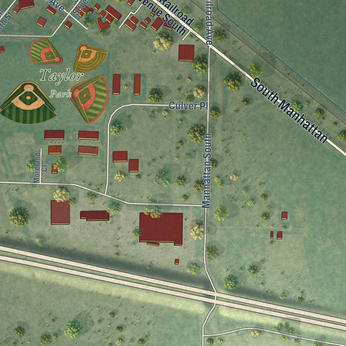 Second close-up of the map of Manhattan, Montana print showing more streets and buildings