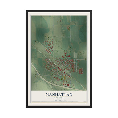 Map of Manhattan, Montana, 12 x 18 inch print in a black wood frame