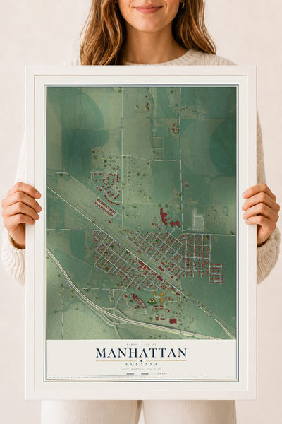 Map of Manhattan, Montana, 18 x 24 inch print in a white wood frame