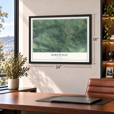 Marysville, Montana map, 18 x 24 inch print in a black frame in a home office
