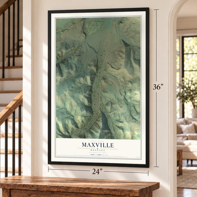 Maxville, Montana map, 24 x 36 inch print in a black frame by a staircase