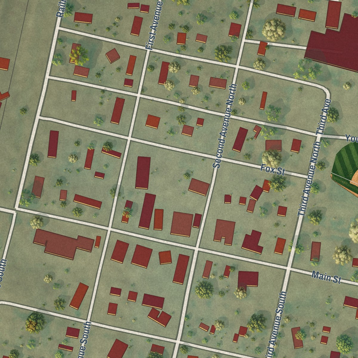 Close-up of the map of Medicine Lake, Montana print showing street and building detail