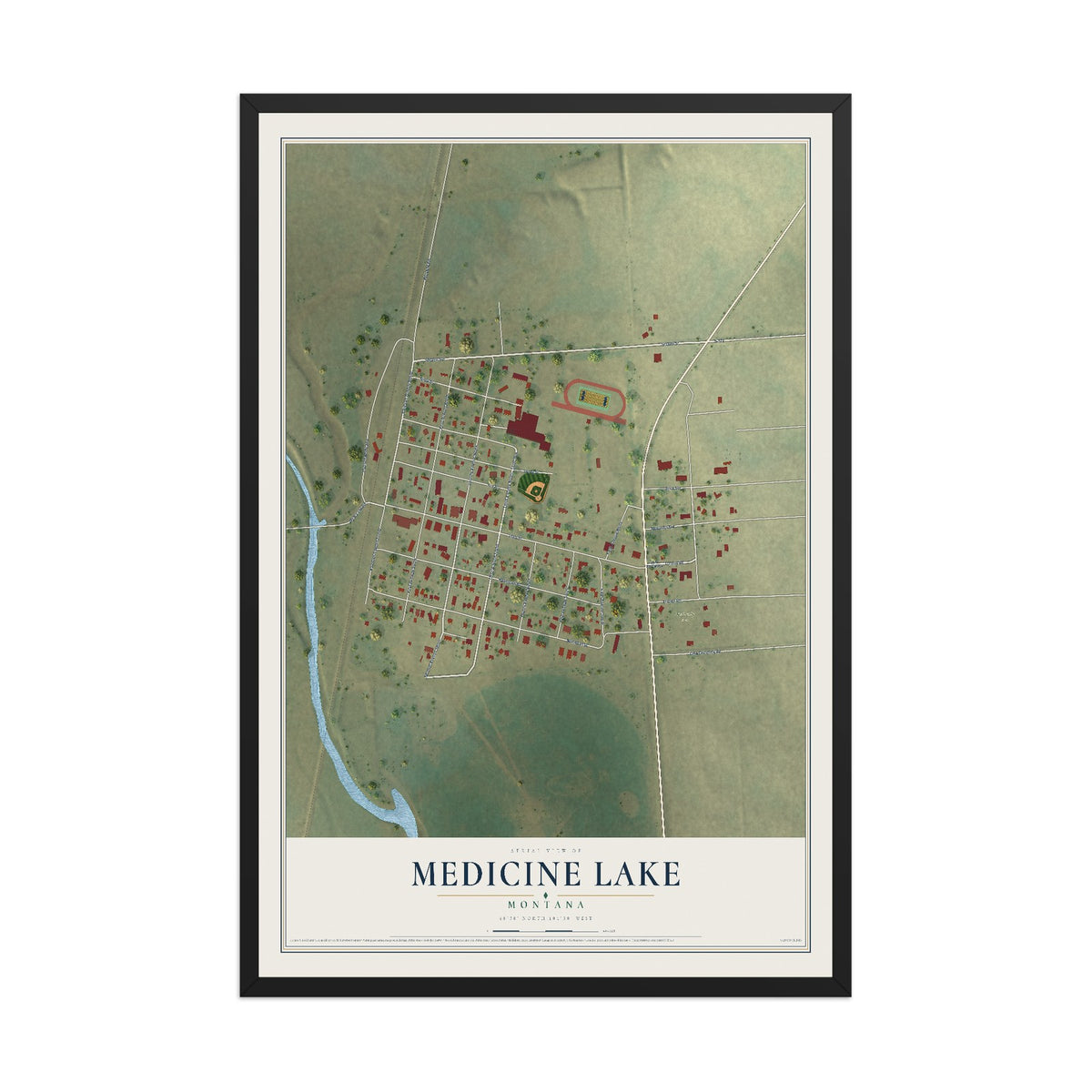 Map of Medicine Lake, Montana, 12 x 18 inch print in a black wood frame