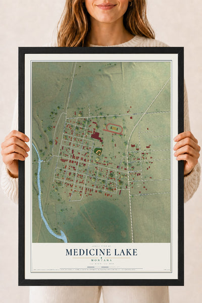 Map of Medicine Lake, Montana, 18 x 24 inch print in a black wood frame