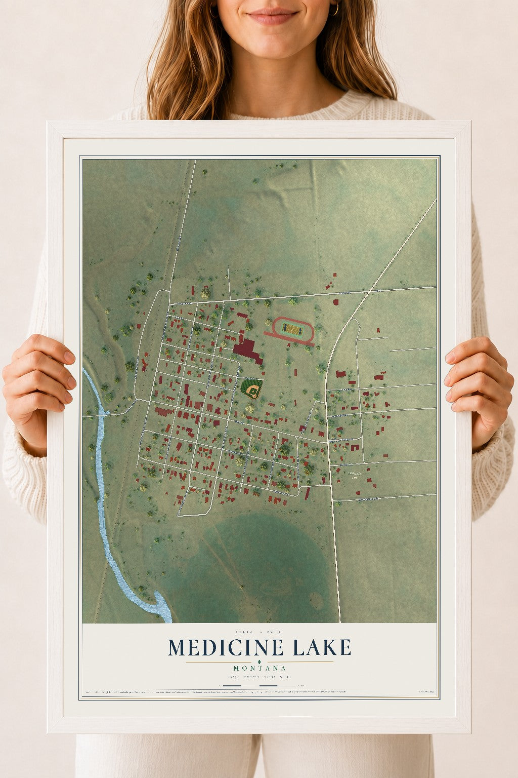 Map of Medicine Lake, Montana, 18 x 24 inch print in a white wood frame