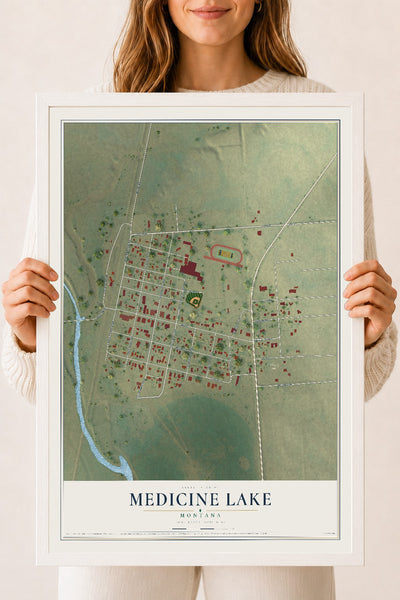 Map of Medicine Lake, Montana, 18 x 24 inch print in a white wood frame