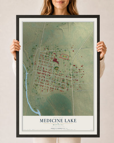 Map of Medicine Lake, Montana, 24 x 36 inch print in a black wood frame