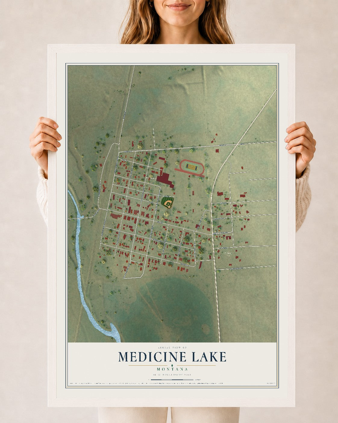 Map of Medicine Lake, Montana, 24 x 36 inch print in a white wood frame