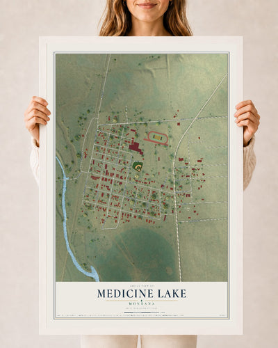 Map of Medicine Lake, Montana, 24 x 36 inch print in a white wood frame