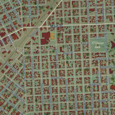 Close-up of the map of Miles City, Montana print showing street and building detail