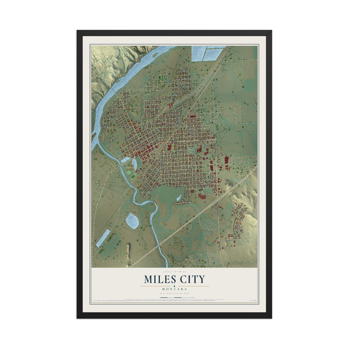 Map of Miles City, Montana, 12 x 18 inch print in a black wood frame