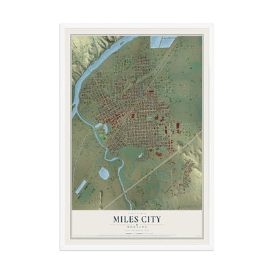 Map of Miles City, Montana, 12 x 18 inch print in a white wood frame