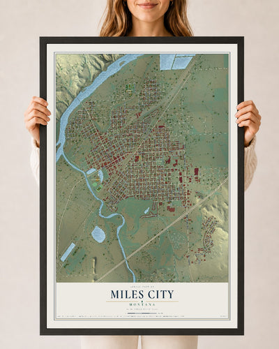 Map of Miles City, Montana, 24 x 36 inch print in a black wood frame