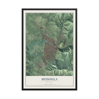Map of Missoula, Montana, 12 x 18 inch print in a black wood frame