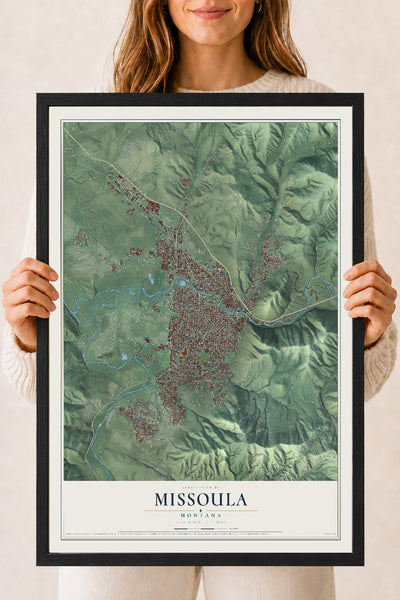 Map of Missoula, Montana, 18 x 24 inch print in a black wood frame