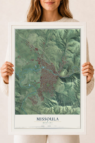 Map of Missoula, Montana, 18 x 24 inch print in a white wood frame