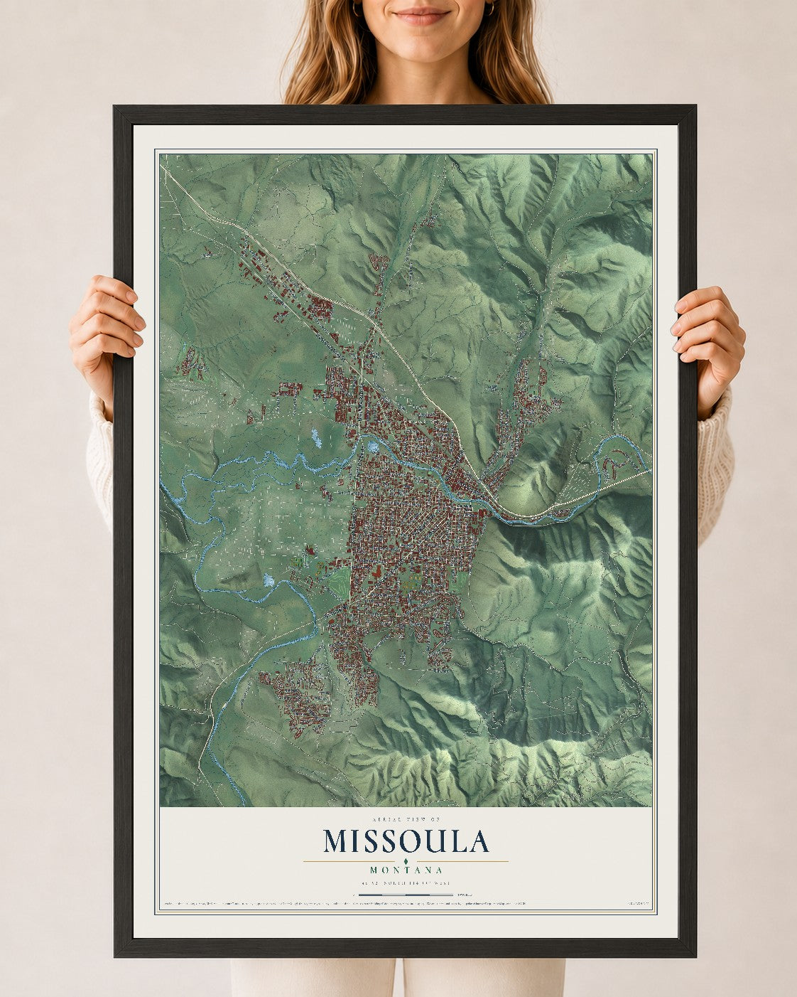 Map of Missoula, Montana, 24 x 36 inch print in a black wood frame
