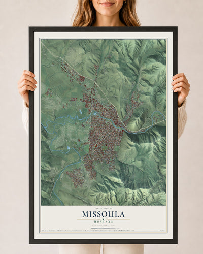 Map of Missoula, Montana, 24 x 36 inch print in a black wood frame