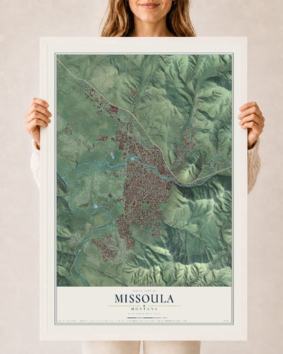 Map of Missoula, Montana, 24 x 36 inch print in a white wood frame