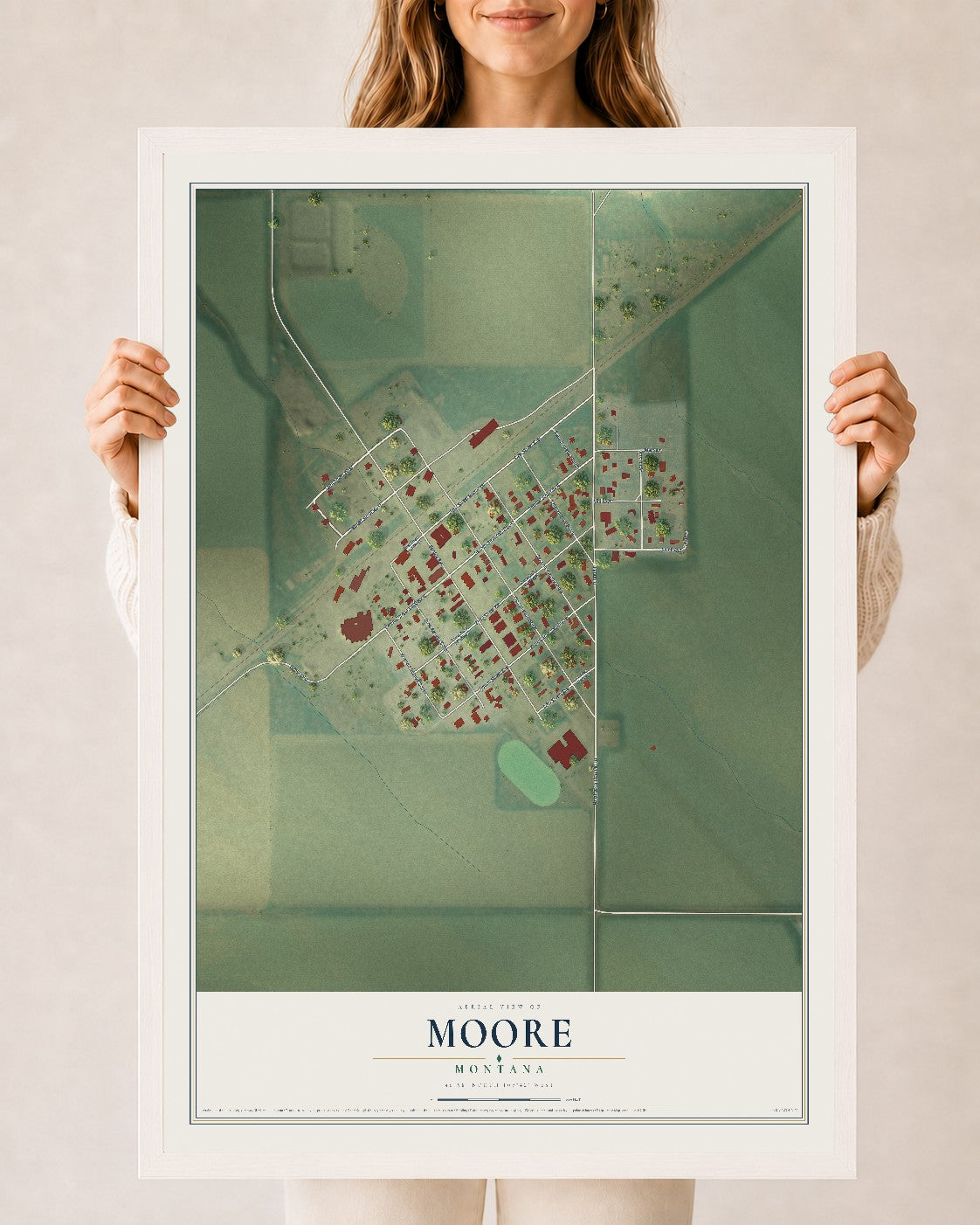 Map of Moore, Montana, 24 x 36 inch print in a white wood frame