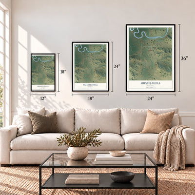 Musselshell, Montana map in 12 x 18, 18 x 24 and 24 x 36 inch sizes above a sofa
