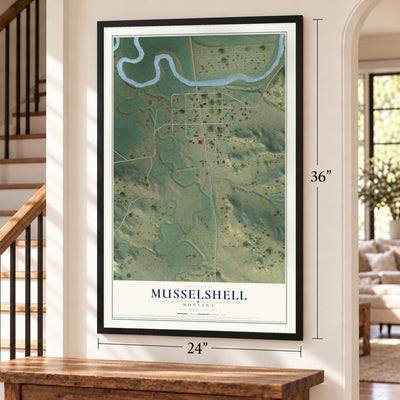 Musselshell, Montana map, 24 x 36 inch print in a black frame by a staircase