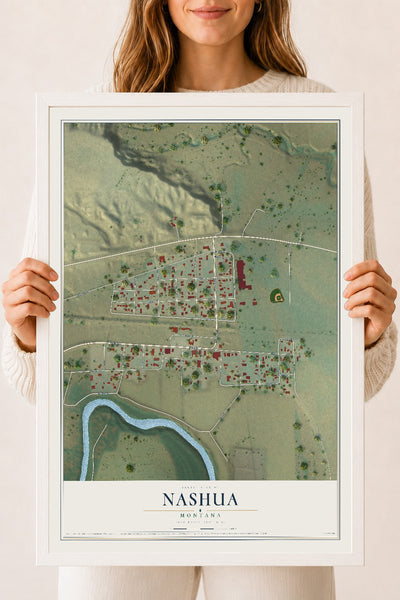 Map of Nashua, Montana, 18 x 24 inch print in a white wood frame