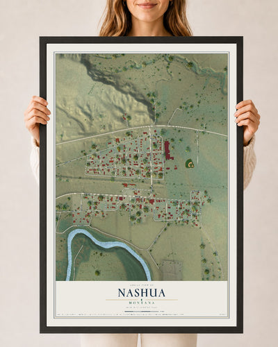 Map of Nashua, Montana, 24 x 36 inch print in a black wood frame