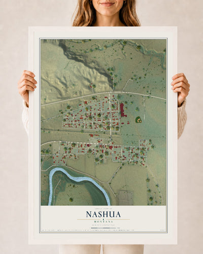 Map of Nashua, Montana, 24 x 36 inch print in a white wood frame