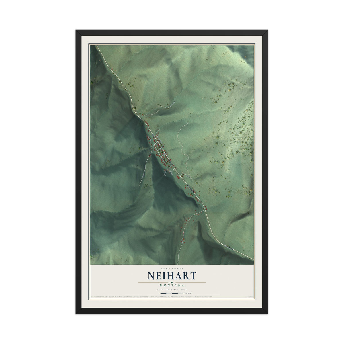 Map of Neihart, Montana, 12 x 18 inch print in a black wood frame