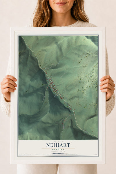Map of Neihart, Montana, 18 x 24 inch print in a white wood frame