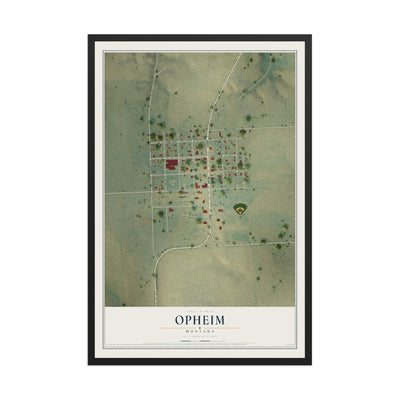 Map of Opheim, Montana, 12 x 18 inch print in a black wood frame