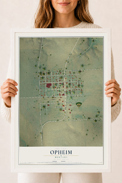 Map of Opheim, Montana, 18 x 24 inch print in a white wood frame
