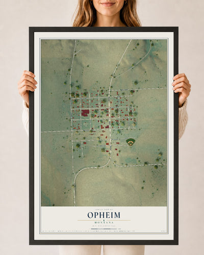 Map of Opheim, Montana, 24 x 36 inch print in a black wood frame