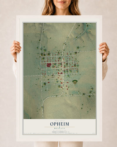 Map of Opheim, Montana, 24 x 36 inch print in a white wood frame