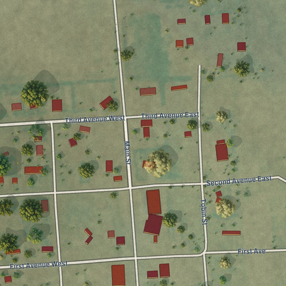 Close-up of the map of Outlook, Montana print showing street and building detail