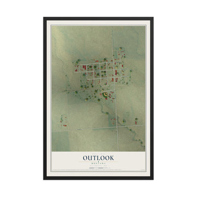Map of Outlook, Montana, 12 x 18 inch print in a black wood frame