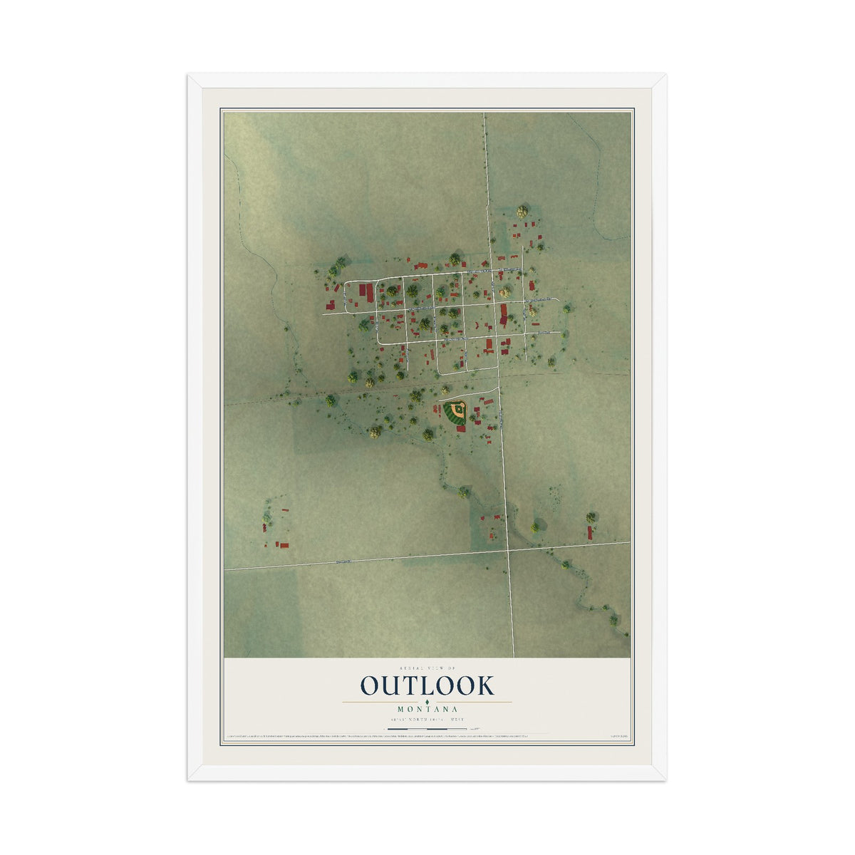 Map of Outlook, Montana, 12 x 18 inch print in a white wood frame