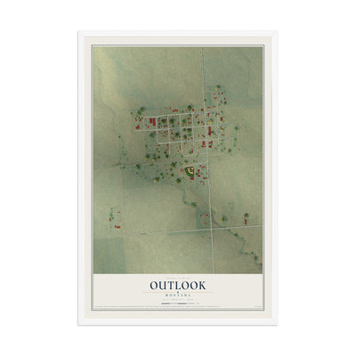 Map of Outlook, Montana, 12 x 18 inch print in a white wood frame