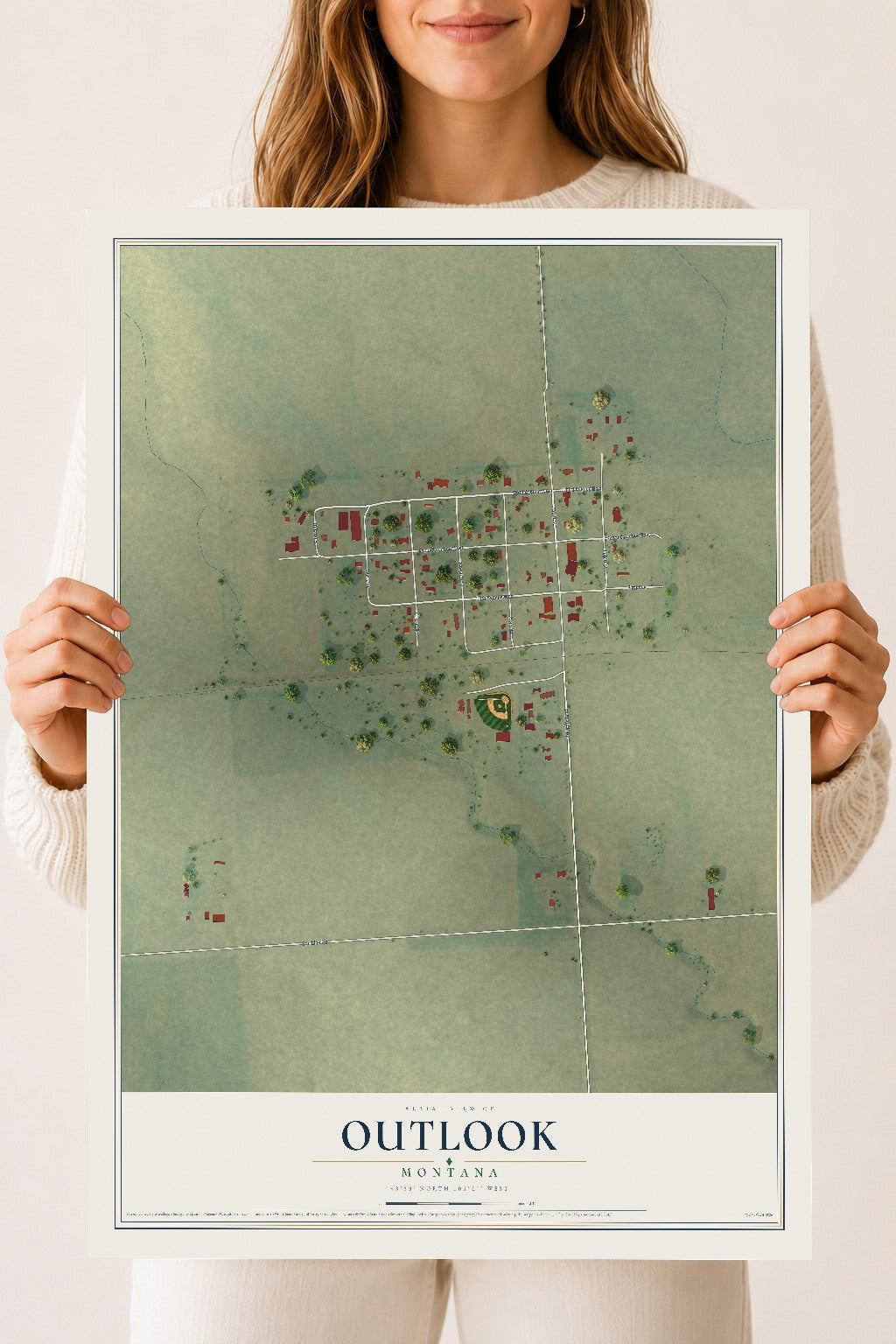 Map of Outlook, Montana, 18 x 24 inch unframed archival matte print