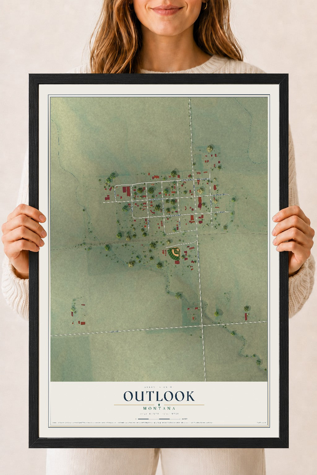 Map of Outlook, Montana, 18 x 24 inch print in a black wood frame