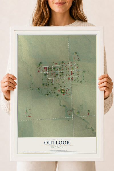 Map of Outlook, Montana, 18 x 24 inch print in a white wood frame