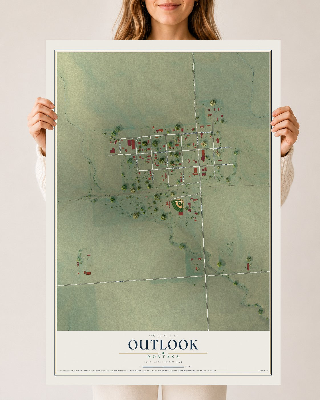 Map of Outlook, Montana, 24 x 36 inch unframed archival matte print